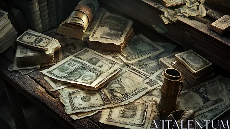 Vintage banknotes scattered across a well worn wooden desk.
