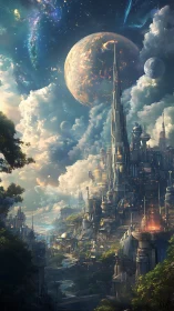 Towering sci‑fi metropolis rises beneath colossal planets.