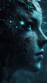 Cyborg profile with illuminated circuitry and worn surface.