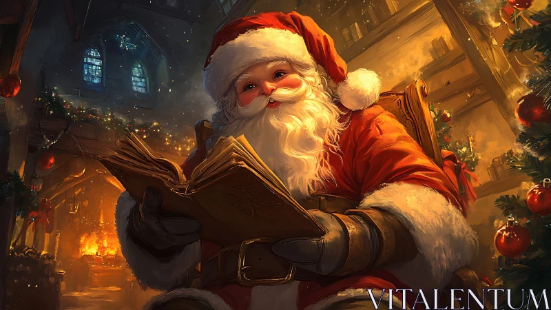 Santa in warm workshop reading a large Christmas book.