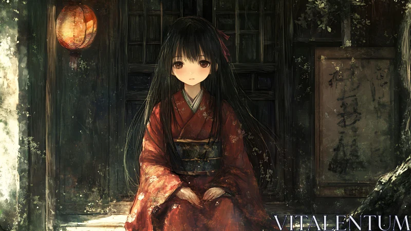 Young figure in red kimono sits before weathered doorway