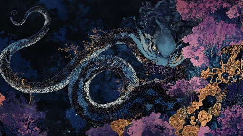 Mythic sea serpent coiled through glowing coral forest.