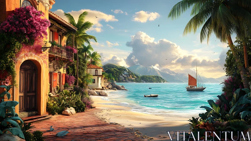 Sunlit coastal village embraces a tranquil turquoise bay