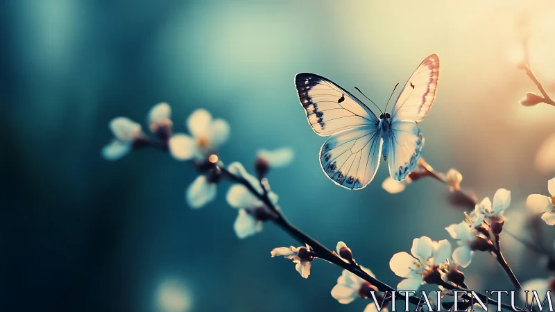 White butterfly on flowering branch in soft backlit scene.
