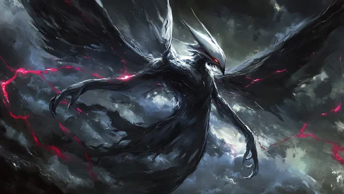 Dark winged demon rises in storm filled with red lightning.