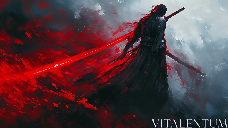 Solitary sword-wielding figure stands in abstract red mist