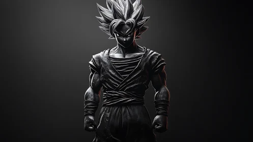 Monochrome stylized warrior figure with spiked hair.