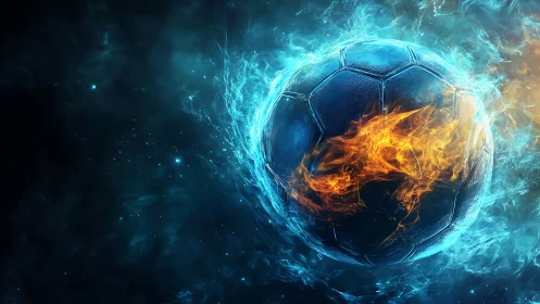 Fiery blue energy engulfs a hyperreal cinematic soccer ball