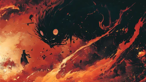 Fiery warrior confronts colossal demonic entity in infernal sky.
