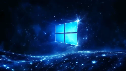 Windows style glowing logo floats above starry blue field