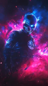 Neon skull guardian walking through glowing cosmic fire.