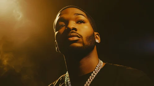 Low key portrait of contemplative man under warm rim lighting