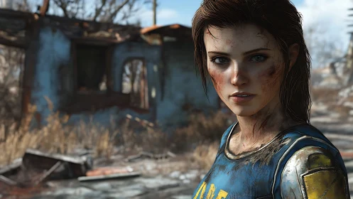 Post-apocalyptic heroine in weathered blue vault suit portrait.