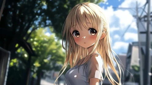 Blonde anime girl stands on sunlit residential street