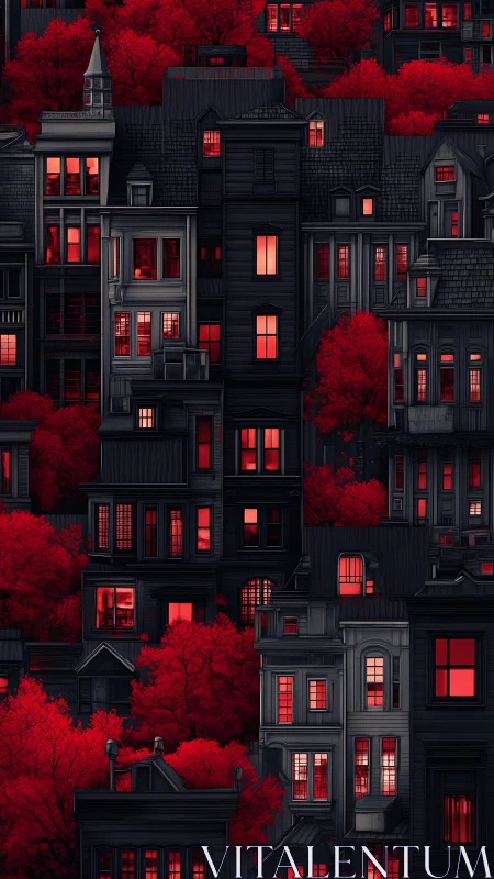 Nocturnal city facades glow against saturated crimson foliage