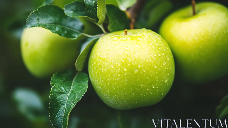Fresh green apples on tree branch with water droplets.