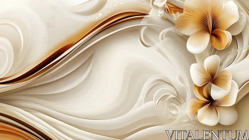 Curved beige gradients intersect with stylized floral structures