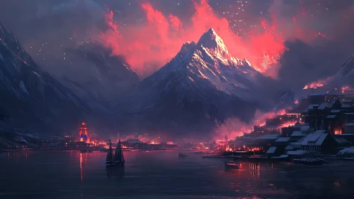Volcanically backlit fjord city under incendiary alpine cumulonimbus.