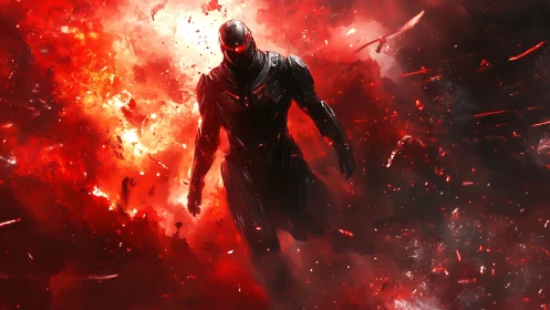 Armored cyber warrior strides through explosive red inferno.