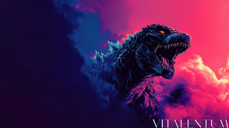 Neon storm titan roars through electric magenta clouds.