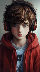 Brooding teen gamer in red hoodie with oversized headphones.