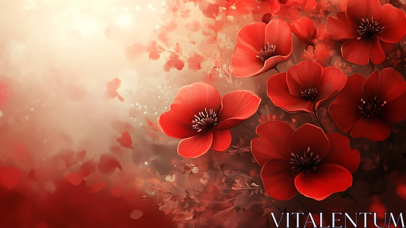 Crimson Blooms Emerge: Ethereal Red Flowers in Soft Light