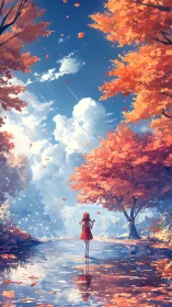 Autumn forest path with reflective water and solitary figure