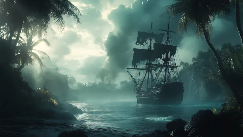 Phantom Ship Emerges Through Misty Island Waters.