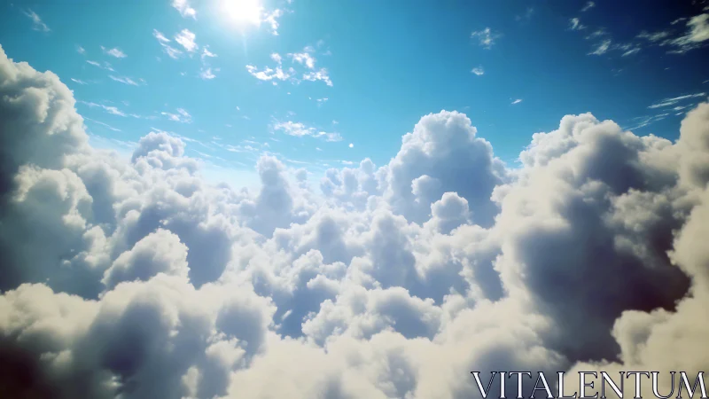 Sunlit cloud kingdom floating softly beneath blue skies.