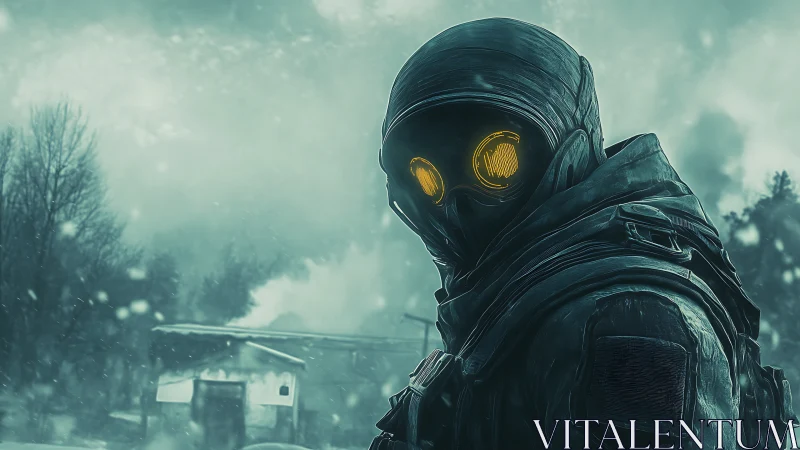 Hooded soldier with glowing goggles patrols snowy ruin