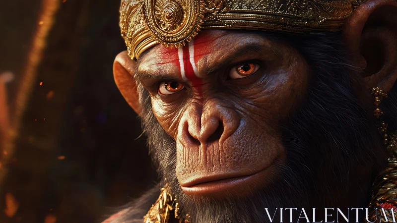 Regal warrior chimp with ornate crown and sacred markings.