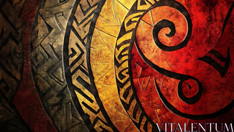 Tribal spiral emblem with carved metallic fire texture