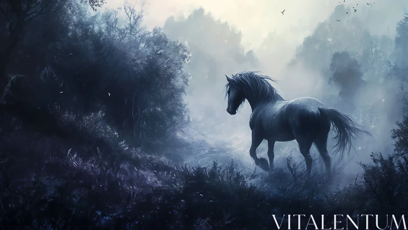 Solitary horse standing in misty blue forest clearing.