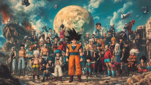 Anime ensemble panorama with lunar backdrop and rocky ruins.