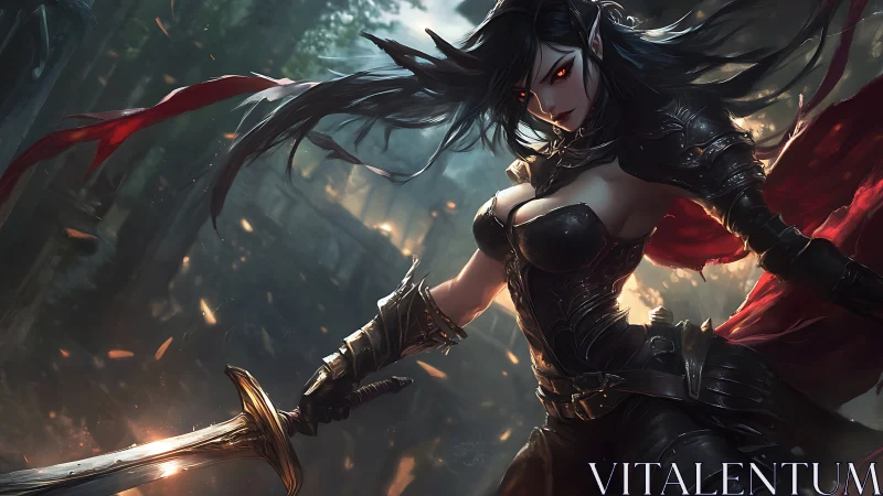 Dark elven warrior brandishes blazing sword in stormy forest.