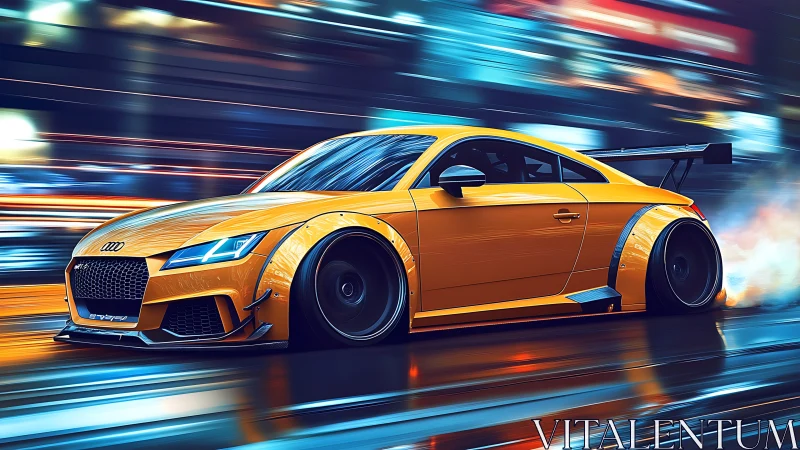 Yellow tuned sports coupe drifts along wet neon city street