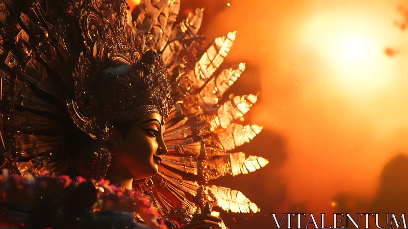 Side profile of ornate deity statue in warm backlight.