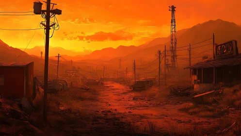 Deserted roadside settlement under intense orange sunset.