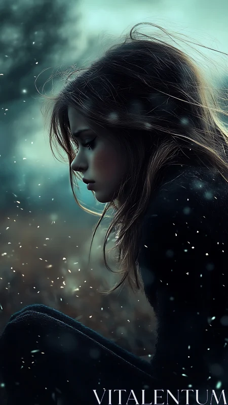 Quiet winter girl lost in thought under softly falling snow.