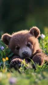 Baby bear daydreaming in a sunlit meadow of wildflowers.