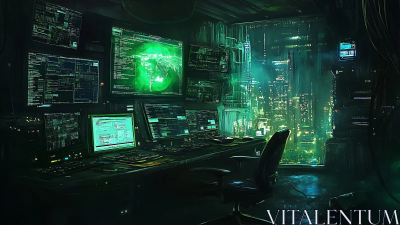 Dark cyber control room with city view at night.