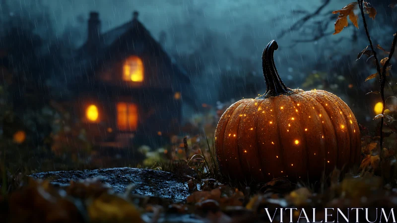 Glowing jack o lantern illuminates rainy cottage garden night