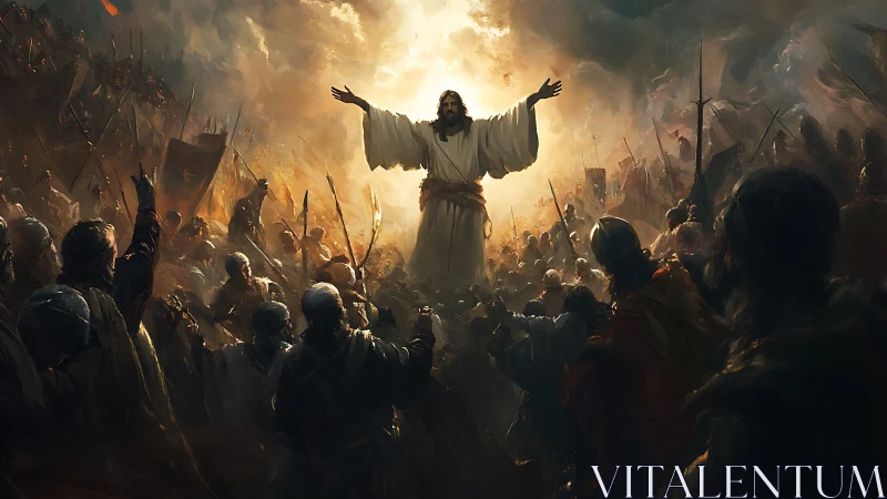 Radiant prophet calms a storm of warriors with raised arms