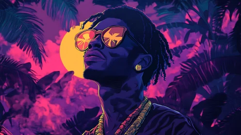 Neon tropical portrait with reflective sunglasses and sunset.