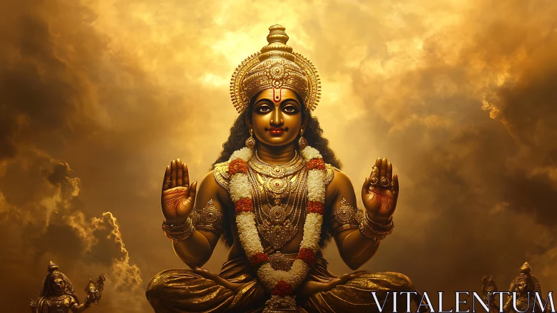 Golden divine figure offering calm blessings in glowing light.