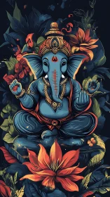 Elephant-headed figure sits amid stylized foliage and flowers