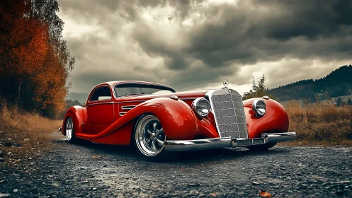 Red classic coupe on rural road under cloudy autumn sky.