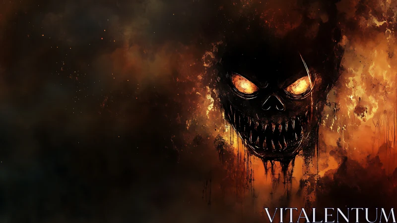 Fiery skull-like demon grins from swirling burning shadows
