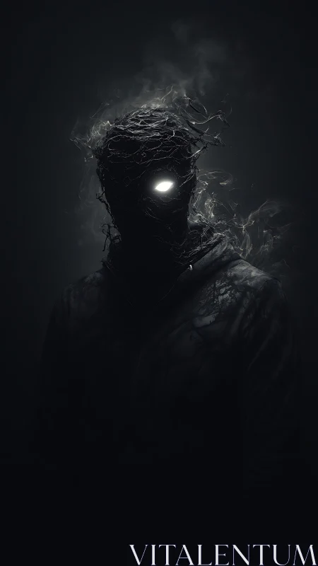 Dark humanoid figure with glowing eye stands in smoky void