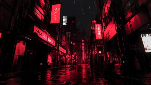 Rainy neon alley with red city lights at night.
